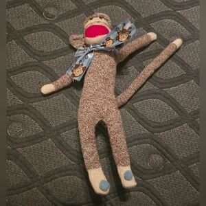 Brown Sock Monkey Plush Toy with Blue Accents